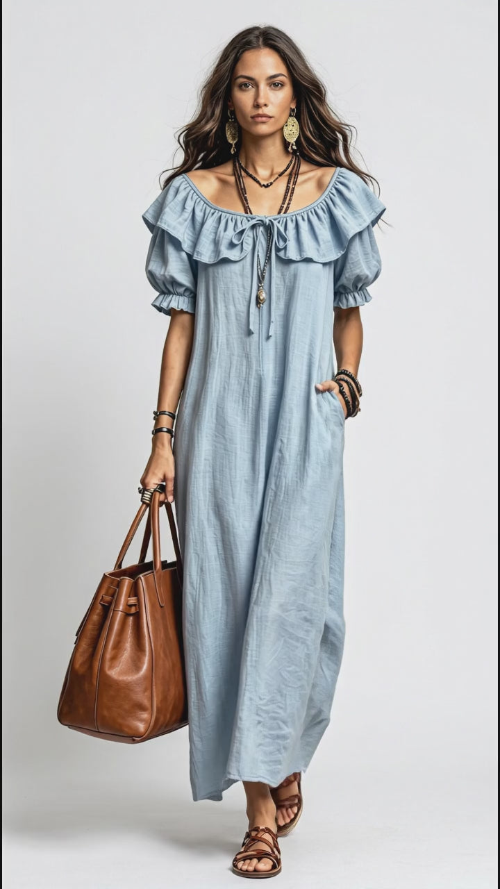 Ruffle Trim Puff Sleeve Maxi Dress in Light Blue