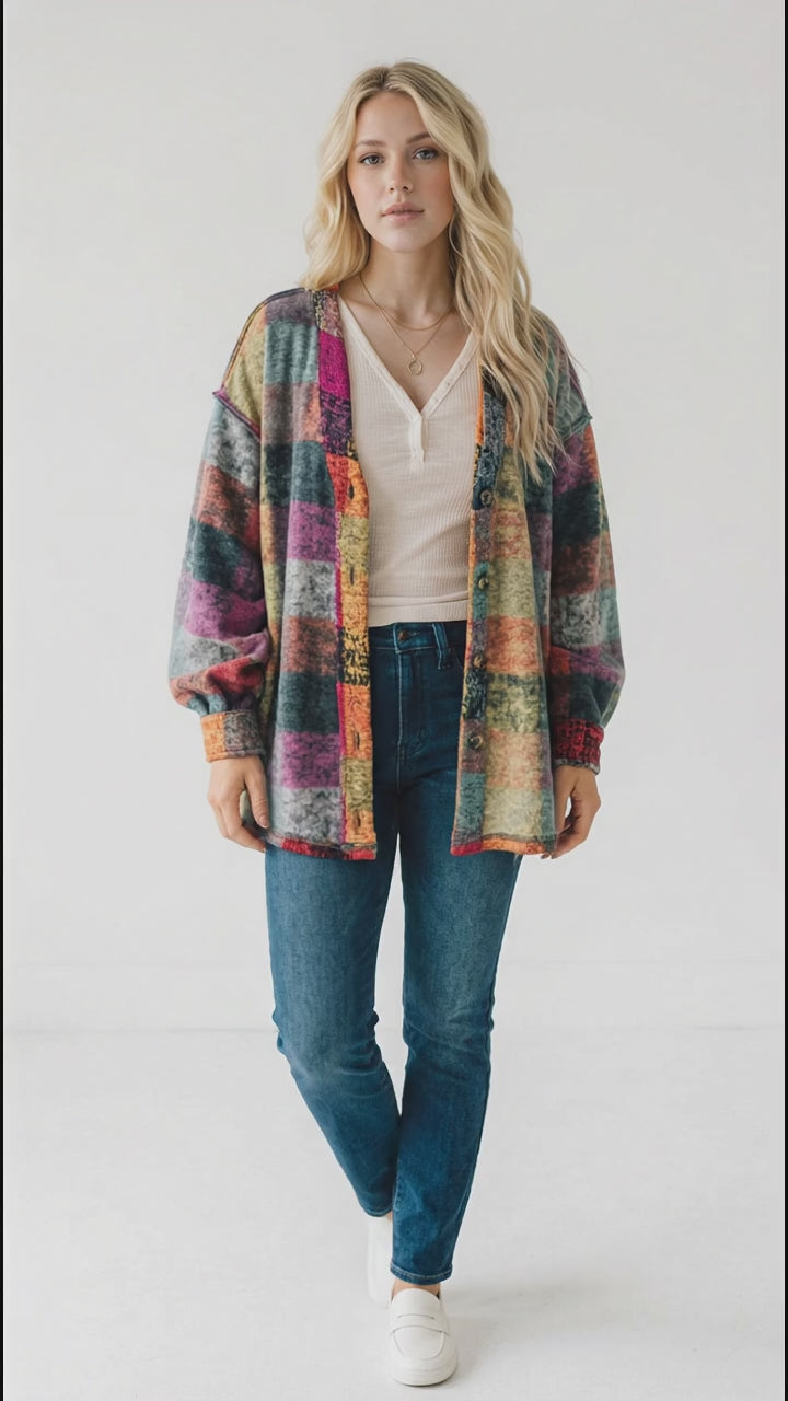 Double Take Full Size Exposed Seam Button Up Fleece Shacket in Multicolored