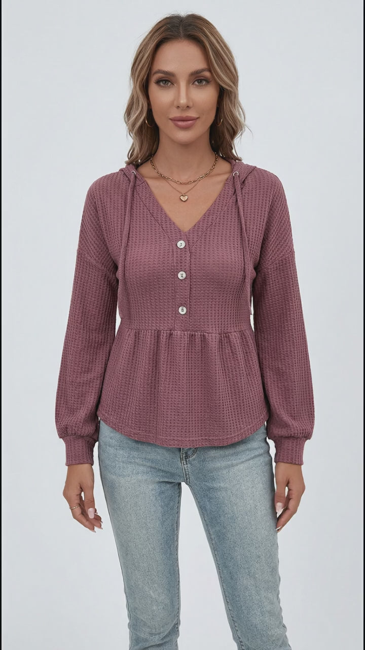 Perfee Waffle-Knit Buttoned Drop Shoulder Hoodie in Plum