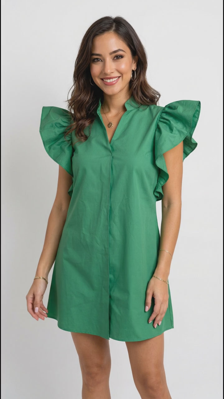 Oh Ruched Johnny Collar Cap Sleeve Mini Dress in Green
