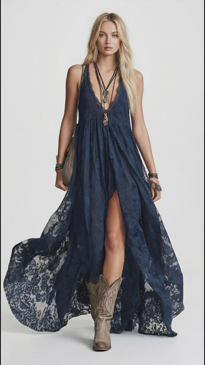 Lace Maxi Dress with High Slit in Dark Blue