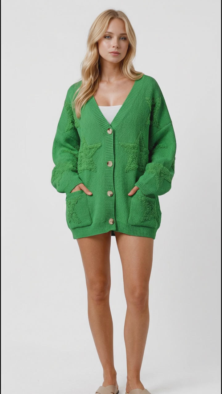 Double Take Full Size Button Up Star Pattern Cardigan in Green
