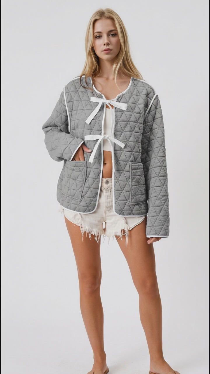 Double Take Contrast Trim Tie Front Quilted Jacket with Pockets in Gray