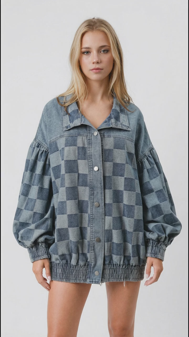 Double Take Checkered Button Up Denim Jacket