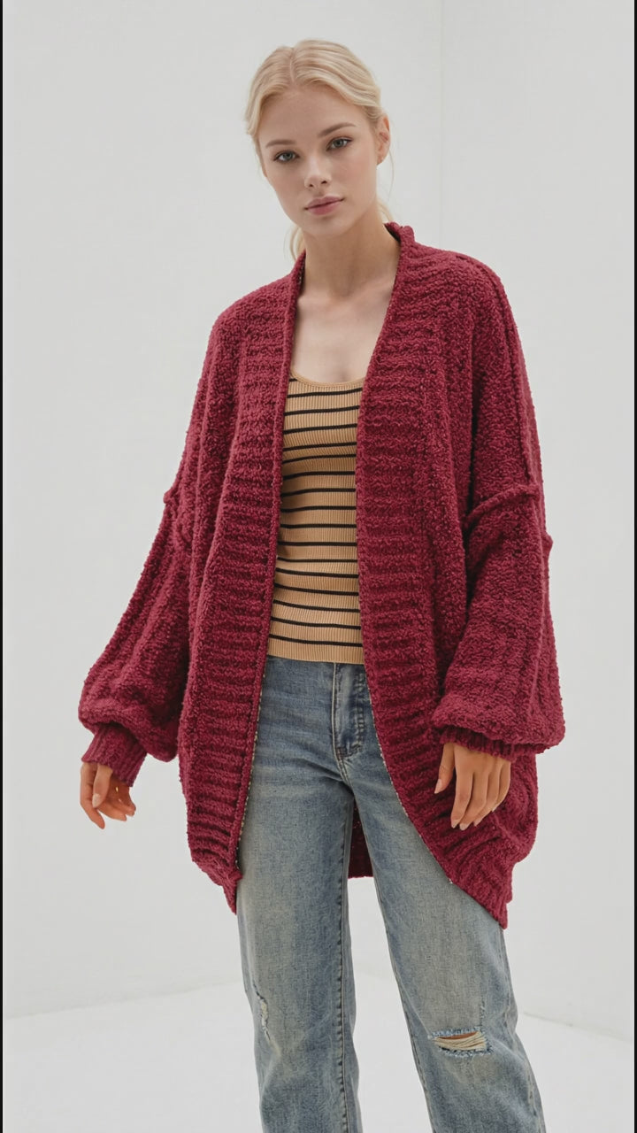 Double Take Full Size Open Front Long Sleeve Cardigan in Deep Red