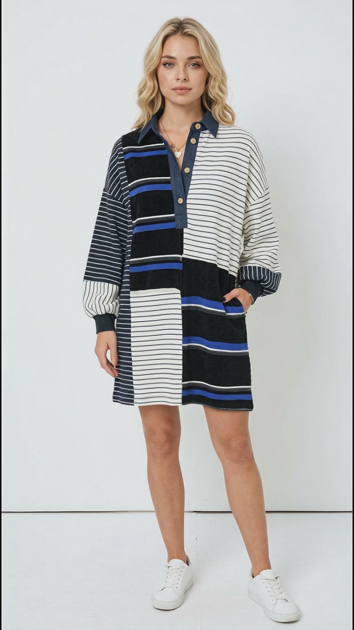 Oh Full Size Striped Half Button Long Sleeve Mini Dress in Black
