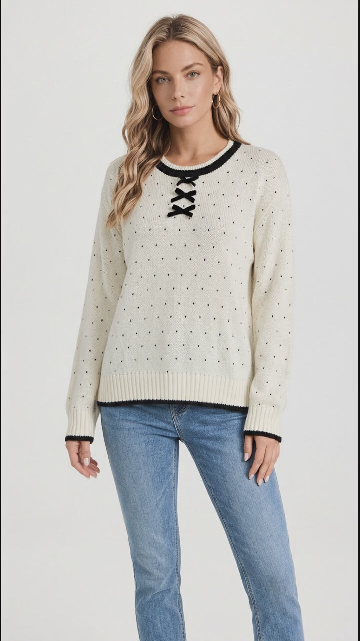 Polka Dot Lace-Up Detail Sweater in White