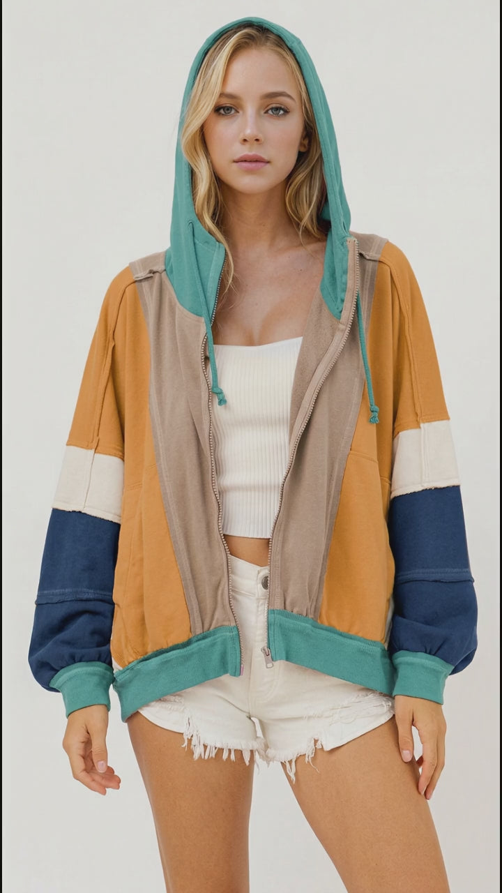 Double Take Full Size Color Block Zip Up Hoodie in Khaki