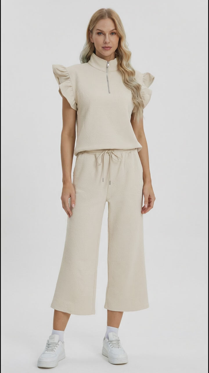 Double Take Full Size Texture Ruffle Short Sleeve Top and Wide Leg Pants Set