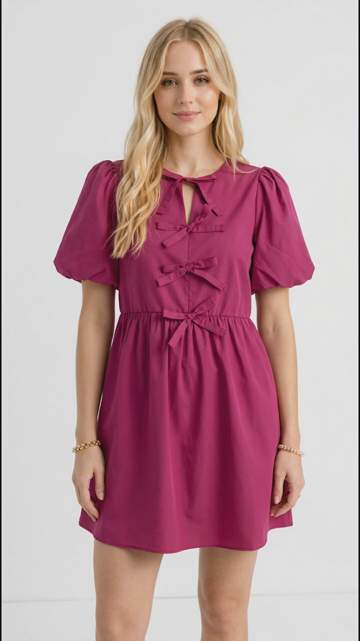 Oh Bow Ruched Puff Sleeve Mini Dress in Cerise