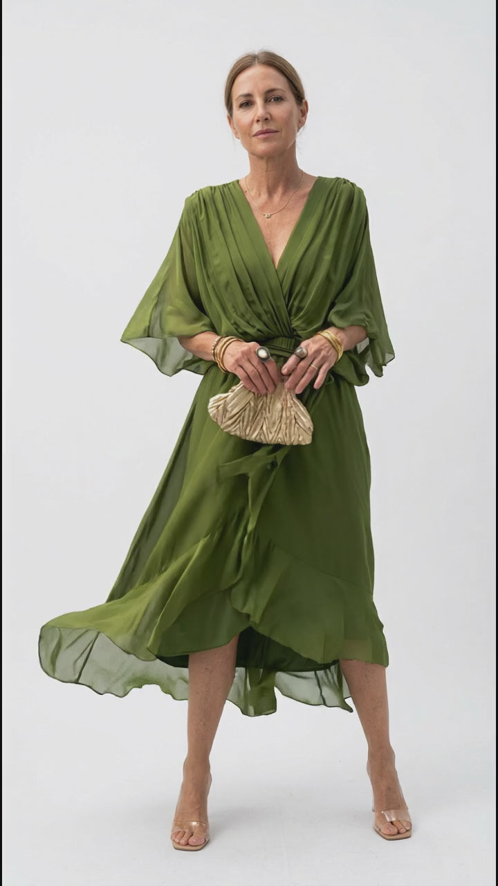 Full Size Chiffon Wrap Dress with Flutter Sleeves Plus Size in Moss