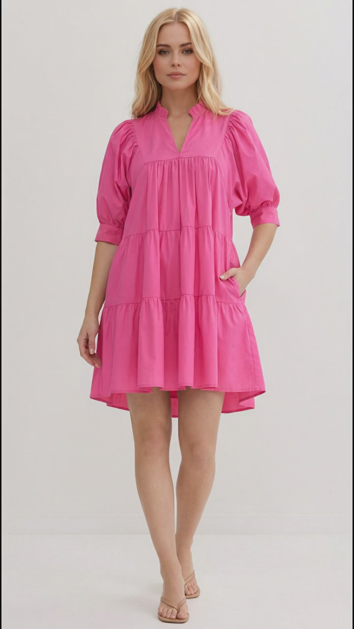 Oh Frill Notched Puff Sleeve Babydoll Mini Dress in Hot Pink