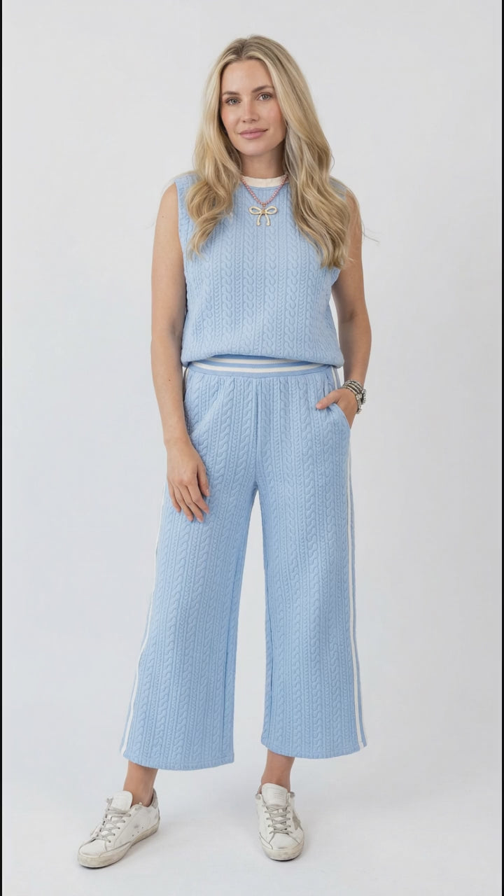 Oh Full Size Texture Contrast Trim Round Neck Top and Pants Set in Light Blue