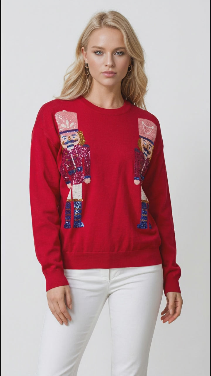 Double Take Full Size Nutcracker Sequin Long Sleeve Sweater in Red