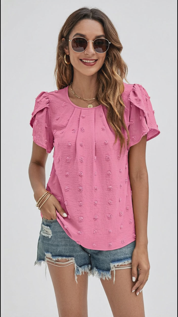 Swiss Dot Round Neck Petal Sleeve Top in Hot Pink