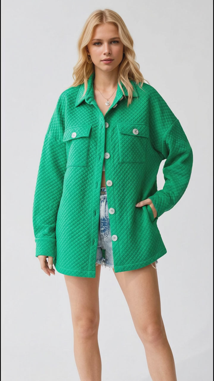 Double Take Full Size Textured Button Up Drop Shoulder Shacket in Green