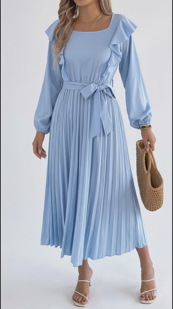 Ruffled Pleated Midi Dress with Waist Tie in Light Blue