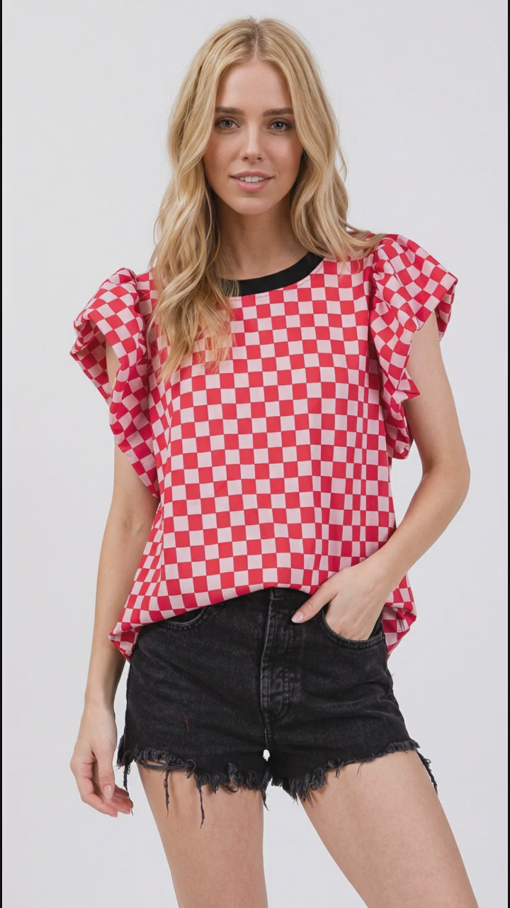Oh Checkered Round Neck Puff Sleeve Blouse