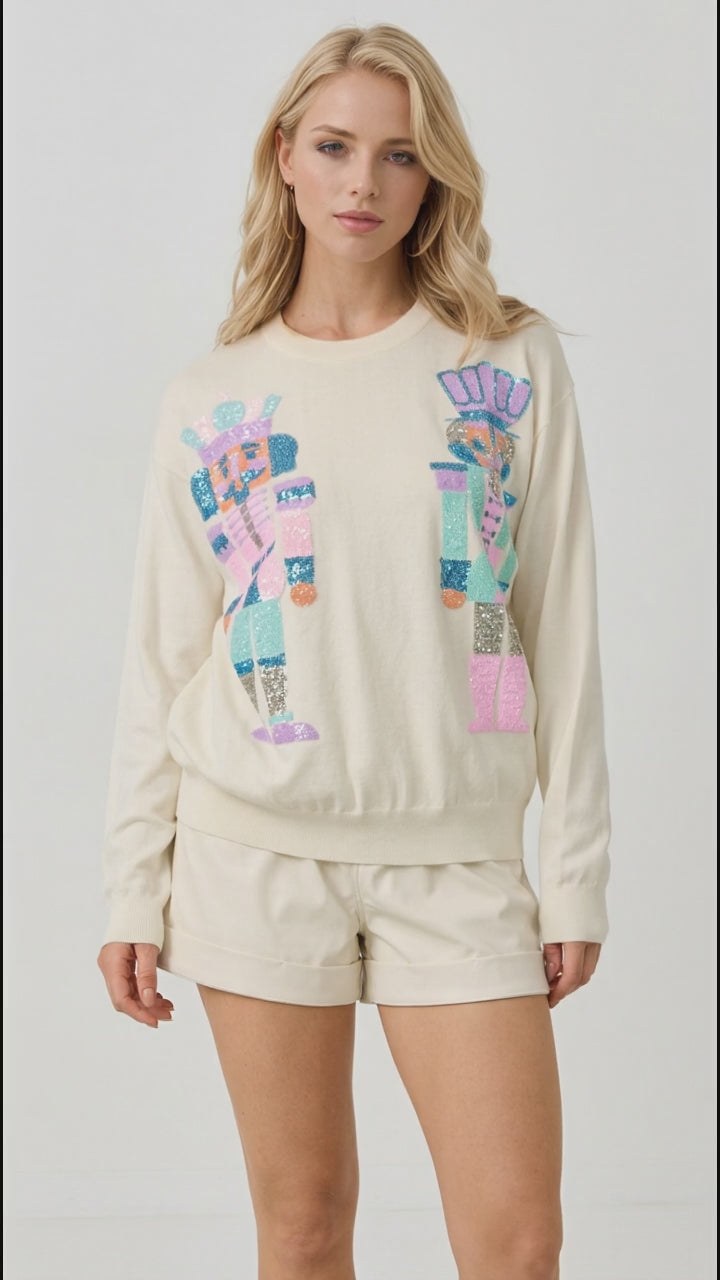 Double Take Full Size Sequin Nutcracker Long Sleeve Sweater in Cream