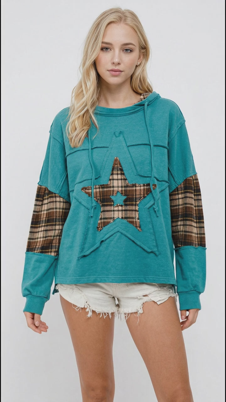 Double Take Drawstring Plaid Star Patch Long Sleeve Hoodie in Teal
