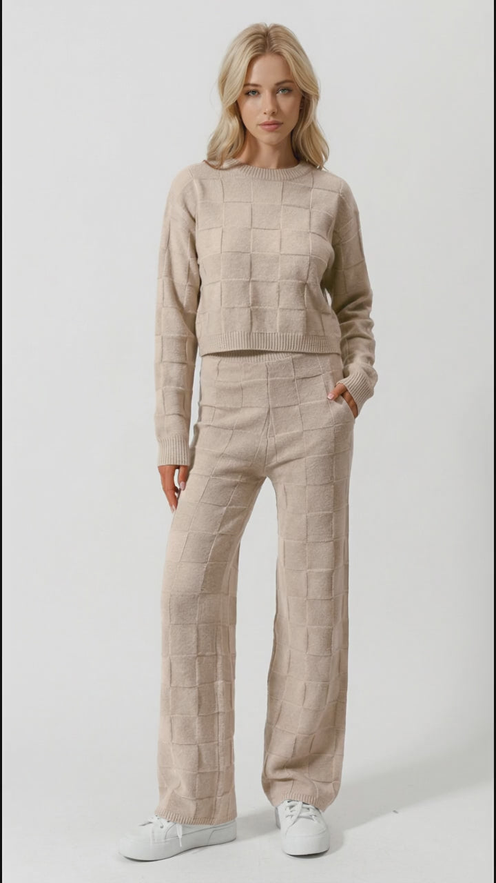 Double Take Full Size Checkered Round Neck Top and Pants Set in Tan