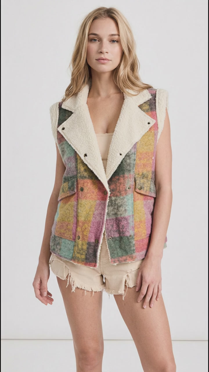Double Take Full Size Snap Down Plaid Fleece Vest Coat with Pockets in Multicolored Plaid