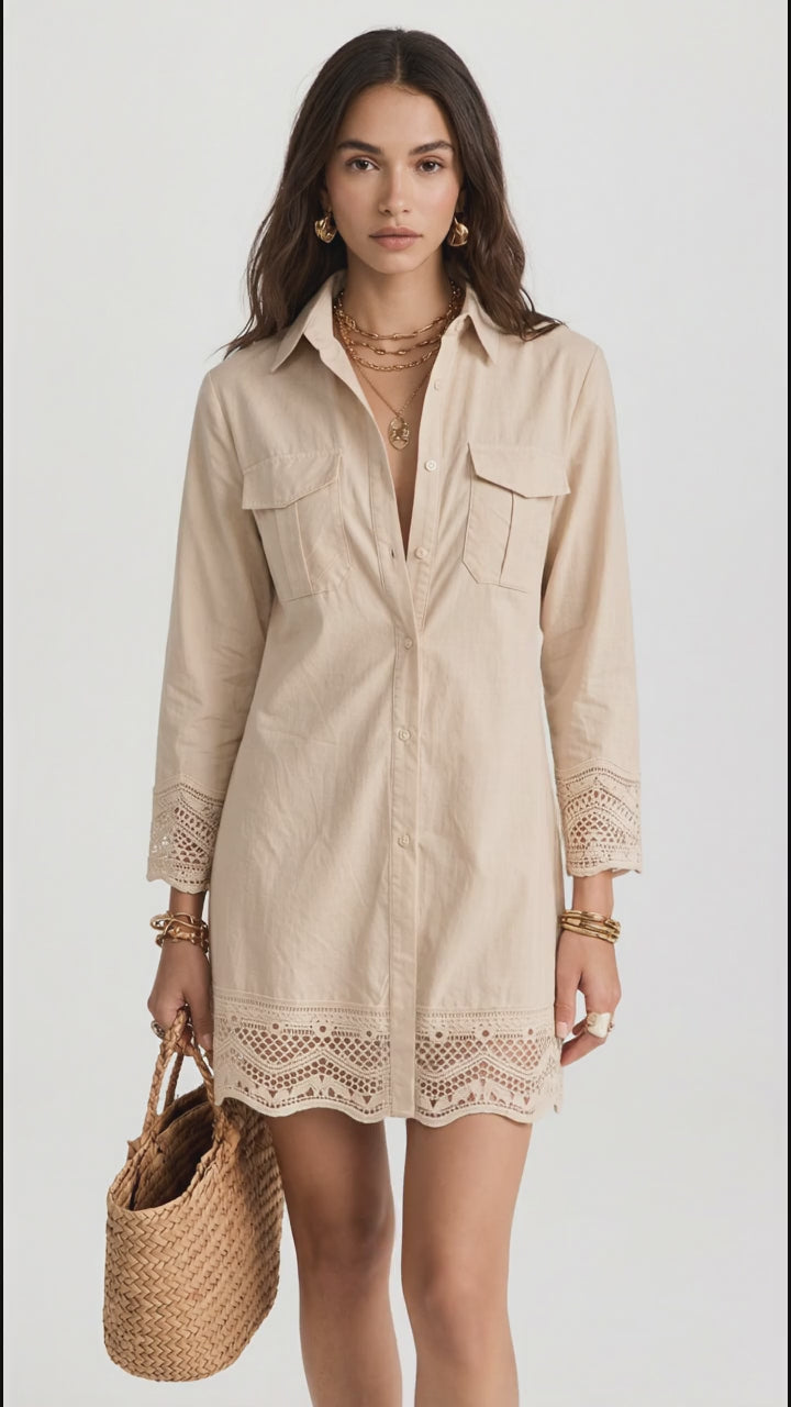 Button-Down Shirt Dress with Lace Trim in Apricot