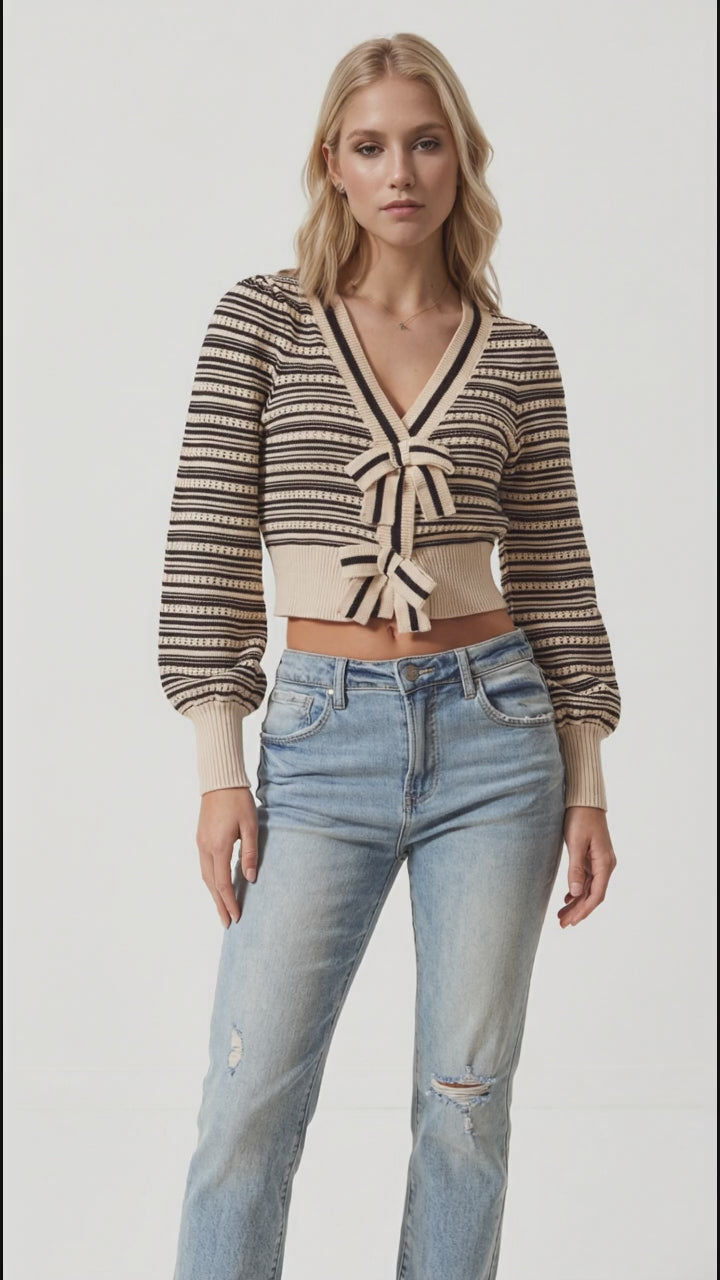 Double Take Full Size Striped Bow Decor Cropped Cardigan in Black