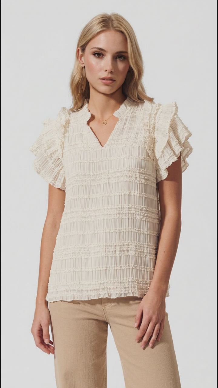 Oh Full Size Frill Notched Flounce Sleeve Blouse in Ivory