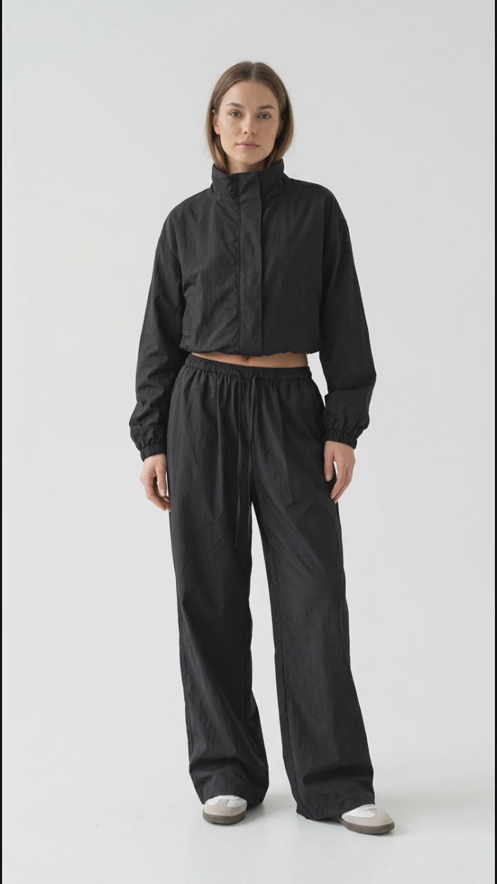 Drawstring Hem Crop Jacket and Wide-Leg Pant Set in Black