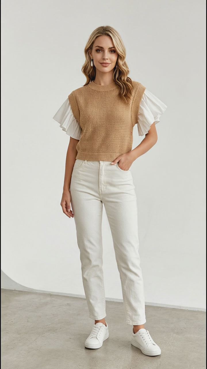Oh Full Size Ruffled Round Neck Short Sleeve Sweater in Camel