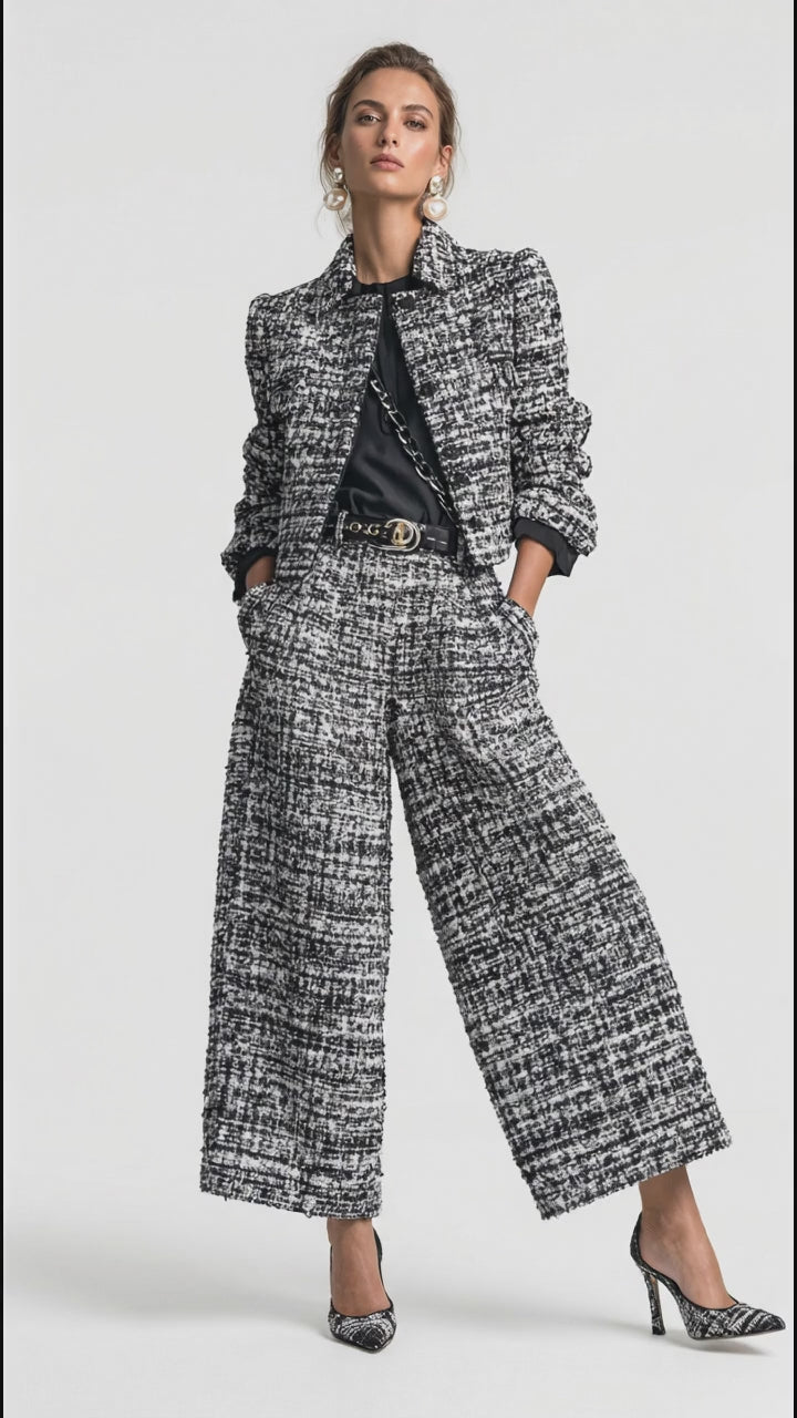 Tweed Cropped Jacket and Wide-Leg Pants Set in Black