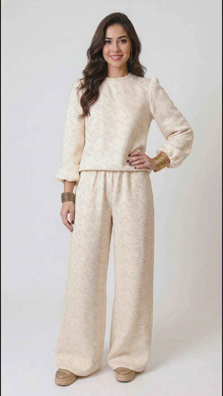 Double Take Texture Long Sleeve Top and Wide Leg Pants Set in Cream
