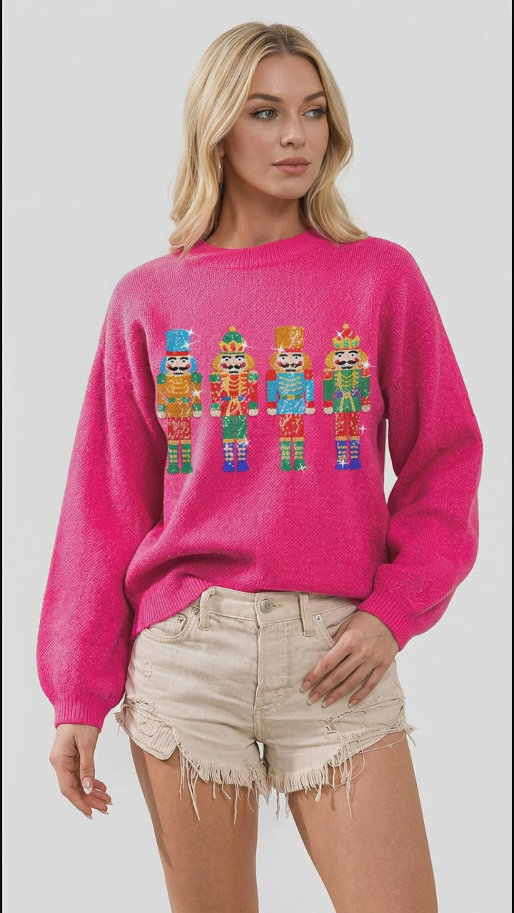 Double Take Full Size Sequin Nutcracker Long Sleeve Sweater in Hot Pink