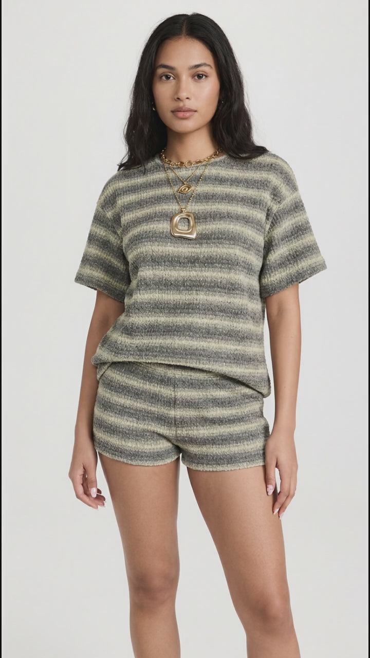 Striped Textured Knit Top and Shorts Set in Green